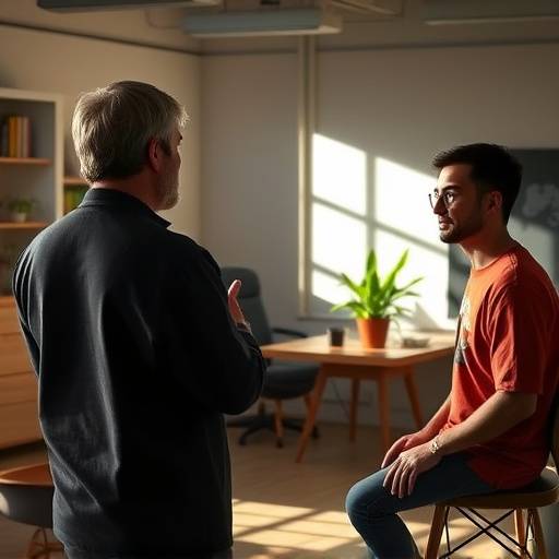 An instructor providing feedback to a student during a scene study class.