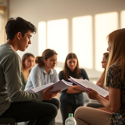 Students collaborating on script analysis during a rehearsal.